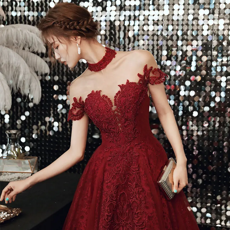chinese dress ladies Red Sleeveless Sweetheart A Line Lace Long Prom Dresses
