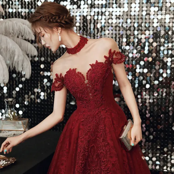 Haut de Gamme Rouge Transparentes Robe De Bal 2020 Princesse Col Haut Manches Courtes Appliques En Dentelle Perlage Longue Volants Dos Nu Robe De Ceremonie