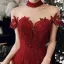 Haut de Gamme Rouge Transparentes Robe De Bal 2020 Princesse Col Haut Manches Courtes Appliques En Dentelle Perlage Longue Volants Dos Nu Robe De Ceremonie