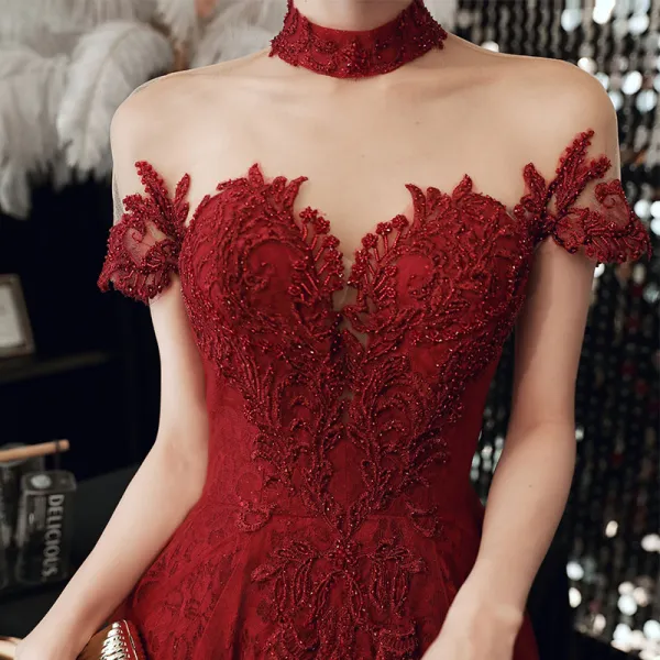 High-end Red See-through Prom Dresses 2020 A-Line / Princess High Neck Short Sleeve Appliques Lace Beading Floor-Length / Long Ruffle Backless Formal Dresses