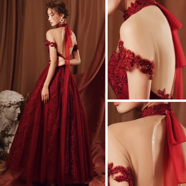 High-end Red See-through Prom Dresses 2020 A-Line Princess High Neck Short Sleeve Lace