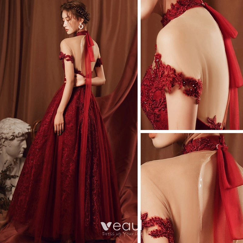 High end Red See through Prom Dresses 2020 A Line Princess High Neck Short Sleeve Appliques