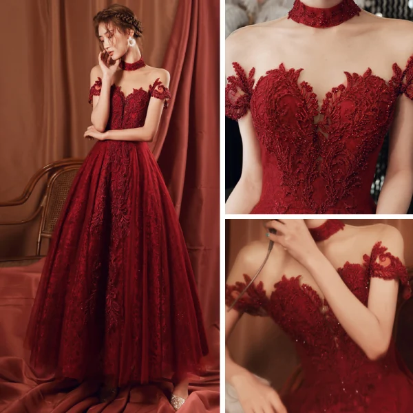 Haut de Gamme Rouge Transparentes Robe De Bal 2020 Princesse Col Haut Manches Courtes Appliques En Dentelle Perlage Longue Volants Dos Nu Robe De Ceremonie