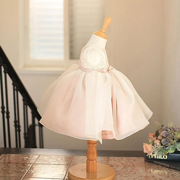 Chic / Beautiful Blushing Pink Organza Birthday Flower Girl Dresses 2020 Ball Gown Scoop Neck Sleeveless Appliques Lace Beading Pearl Sash Short Wedding Party Dresses