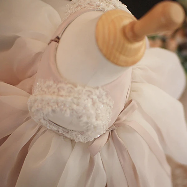 Chic / Beautiful Blushing Pink Organza Birthday Flower Girl Dresses 2020 Ball Gown Scoop Neck Sleeveless Appliques Lace Beading Pearl Sash Short Wedding Party Dresses