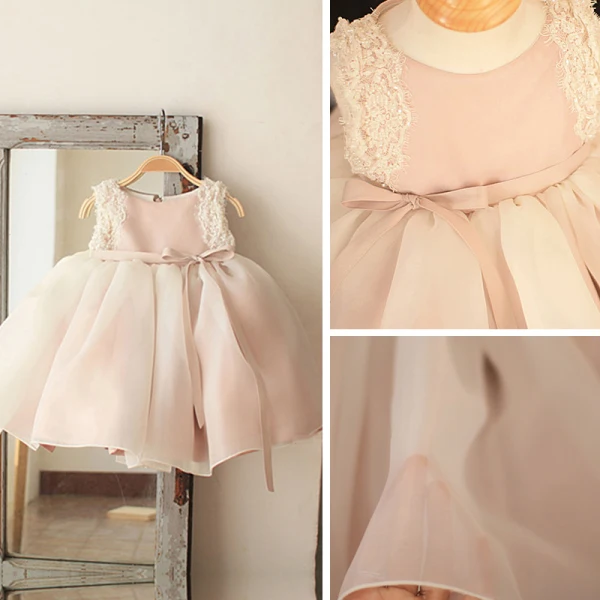 Chic / Beautiful Blushing Pink Organza Birthday Flower Girl Dresses 2020 Ball Gown Scoop Neck Sleeveless Appliques Lace Beading Pearl Sash Short Wedding Party Dresses