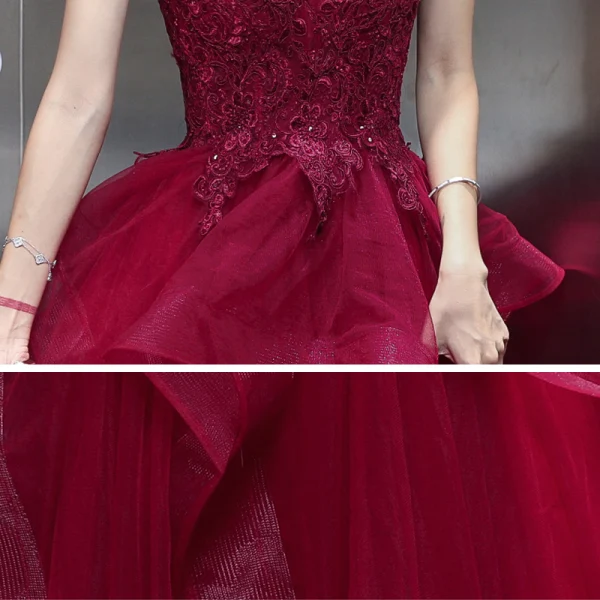 Sexy Bordeaux Robe De Bal 2020 Princesse Bretelles Spaghetti Sans Manches Appliques En Dentelle Perlage Longue Volants Dos Nu Robe De Ceremonie