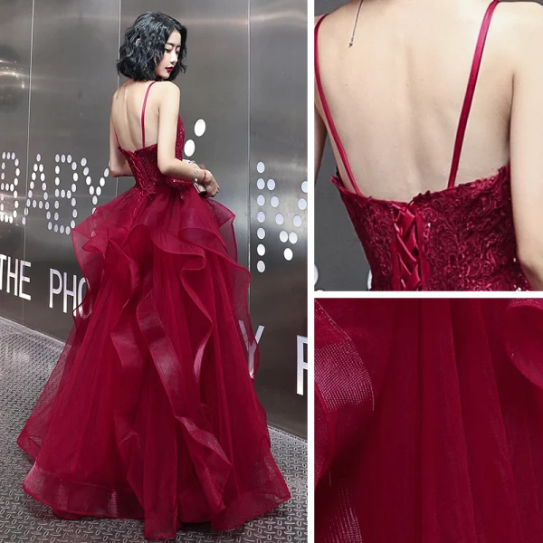 Sexy Bordeaux Robe De Bal 2020 Princesse Bretelles Spaghetti Sans Manches Appliques En Dentelle Perlage Longue Volants Dos Nu Robe De Ceremonie