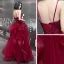 Sexy Bordeaux Robe De Bal 2020 Princesse Bretelles Spaghetti Sans Manches Appliques En Dentelle Perlage Longue Volants Dos Nu Robe De Ceremonie