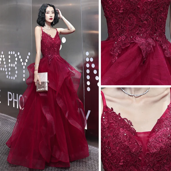 Sexy Bordeaux Robe De Bal 2020 Princesse Bretelles Spaghetti Sans Manches Appliques En Dentelle Perlage Longue Volants Dos Nu Robe De Ceremonie