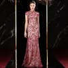 High-end Red Cheongsam / Qipao Evening Dresses  2020 Trumpet / Mermaid See-through High Neck Short Sleeve Embroidered Sequins Glitter Tulle Floor-Length / Long Formal Dresses