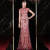 High-end Red Cheongsam / Qipao Evening Dresses  2020 Trumpet / Mermaid See-through High Neck Short Sleeve Embroidered Sequins Glitter Tulle Floor-Length / Long Formal Dresses