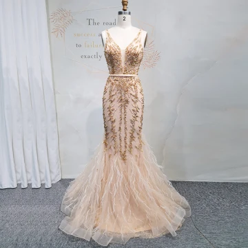 High End Gold Evening Dresses 2020 Trumpet Mermaid Deep V Neck Sleeveless Sash Beading Sequins Floor Length Long Ruffle Backless Formal Dresses