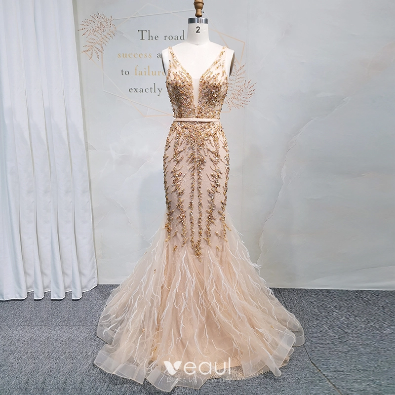 High-end Gold Evening Dresses 2020 Trumpet / Mermaid Deep V-Neck Sleeveless Sash Beading Sequins Floor-Length / Long Ruffle Backless Formal Dresses