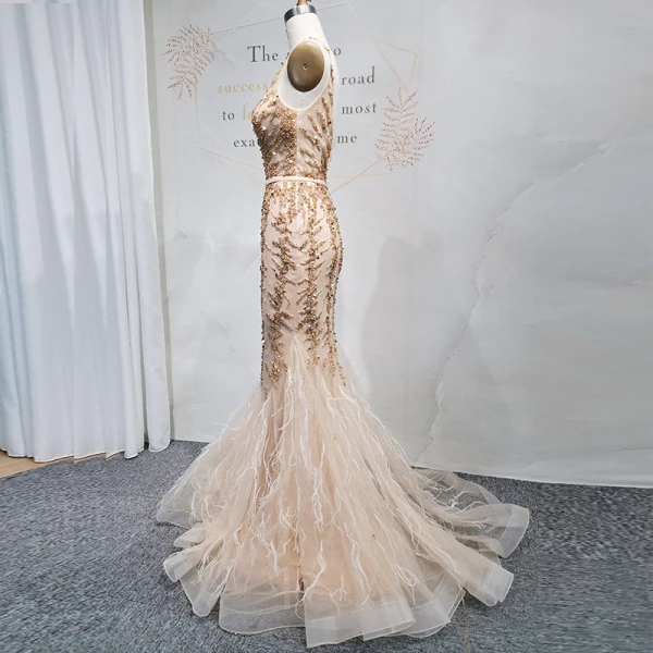 Haut de Gamme Doré Robe De Soirée 2020 Trompette / Sirène Col v profond Sans Manches Ceinture Perlage Paillettes Longue Volants Dos Nu Robe De Ceremonie