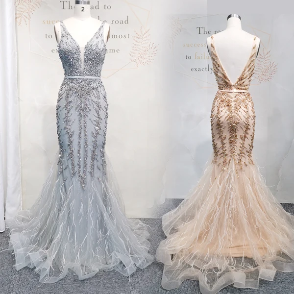Haut de Gamme Doré Robe De Soirée 2020 Trompette / Sirène Col v profond Sans Manches Ceinture Perlage Paillettes Longue Volants Dos Nu Robe De Ceremonie