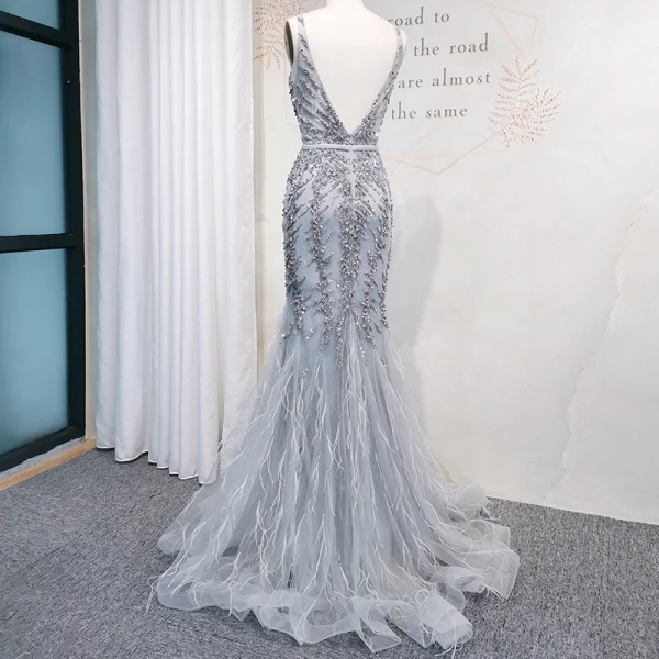 Haut de Gamme Doré Robe De Soirée 2020 Trompette / Sirène Col v profond Sans Manches Ceinture Perlage Paillettes Longue Volants Dos Nu Robe De Ceremonie