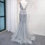 Haut de Gamme Doré Robe De Soirée 2020 Trompette / Sirène Col v profond Sans Manches Ceinture Perlage Paillettes Longue Volants Dos Nu Robe De Ceremonie