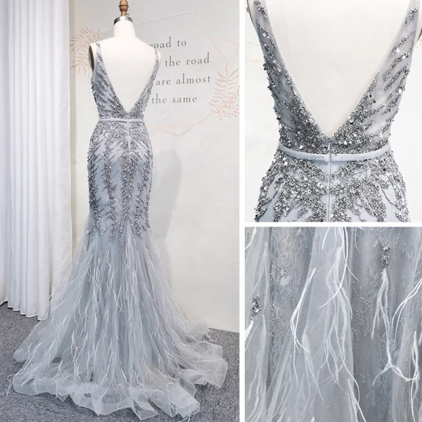 Haut de Gamme Doré Robe De Soirée 2020 Trompette / Sirène Col v profond Sans Manches Ceinture Perlage Paillettes Longue Volants Dos Nu Robe De Ceremonie
