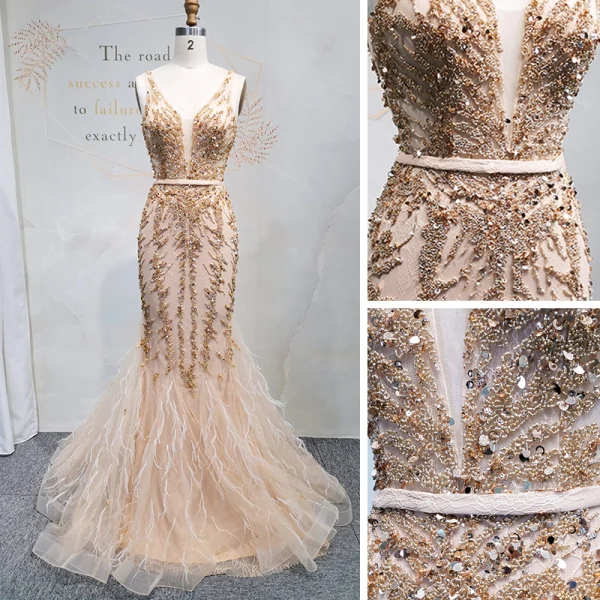 Haut de Gamme Doré Robe De Soirée 2020 Trompette / Sirène Col v profond Sans Manches Ceinture Perlage Paillettes Longue Volants Dos Nu Robe De Ceremonie