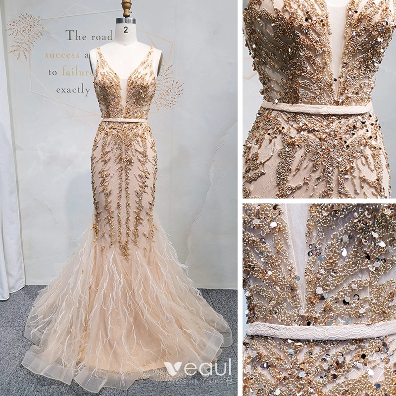 High-end Gold Evening Dresses 2020 Trumpet / Mermaid Deep V-Neck Sleeveless Sash Beading Sequins Floor-Length / Long Ruffle Backless Formal Dresses