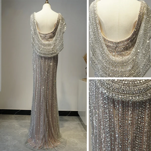 High End Grau Roter Teppich Abendkleider Mit Schal 2020 Meerjungfrau V-Ausschnitt Ärmellos Perlenstickerei Strass Sweep / Pinsel Zug Rückenfreies Festliche Kleider
