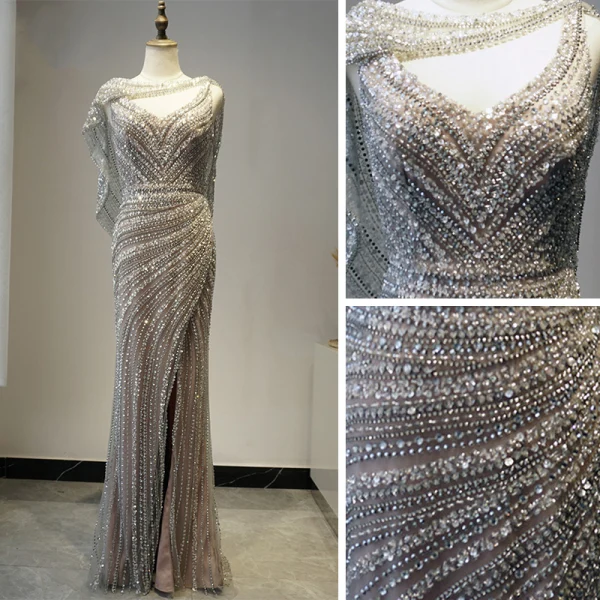 High End Grau Roter Teppich Abendkleider Mit Schal 2020 Meerjungfrau V-Ausschnitt Ärmellos Perlenstickerei Strass Sweep / Pinsel Zug Rückenfreies Festliche Kleider