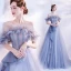 Schöne Meeresblau Ballkleider 2020 A Linie Off Shoulder Kurze Ärmel Perlenstickerei Glanz Tülle Sweep / Pinsel Zug Rüschen Rückenfreies Festliche Kleider