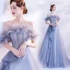 Chic / Beautiful Ocean Blue Prom Dresses 2020 A-Line / Princess Off-The-Shoulder Short Sleeve Beading Glitter Tulle Sweep Train Ruffle Backless Formal Dresses