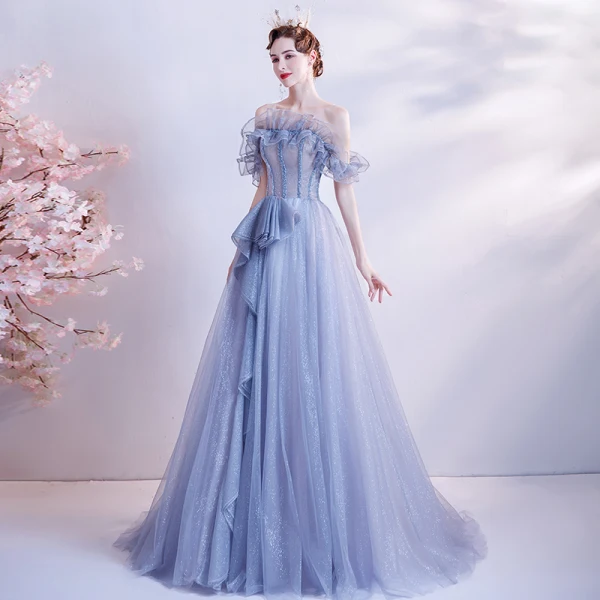 Schöne Meeresblau Ballkleider 2020 A Linie Off Shoulder Kurze Ärmel Perlenstickerei Glanz Tülle Sweep / Pinsel Zug Rüschen Rückenfreies Festliche Kleider