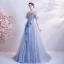 Schöne Meeresblau Ballkleider 2020 A Linie Off Shoulder Kurze Ärmel Perlenstickerei Glanz Tülle Sweep / Pinsel Zug Rüschen Rückenfreies Festliche Kleider