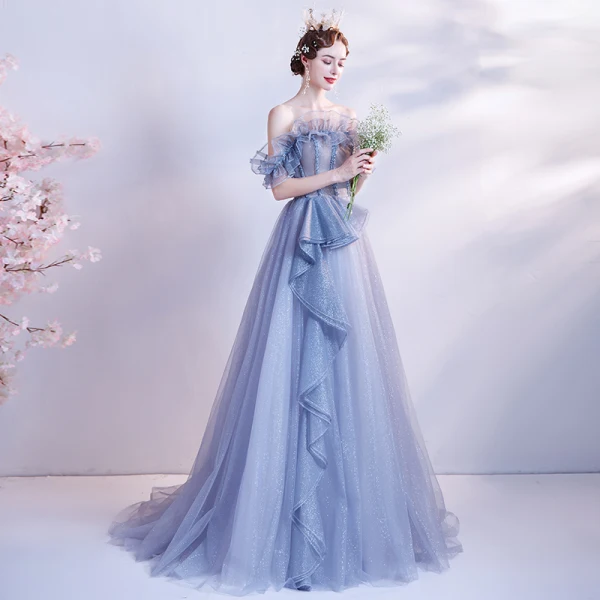 Schöne Meeresblau Ballkleider 2020 A Linie Off Shoulder Kurze Ärmel Perlenstickerei Glanz Tülle Sweep / Pinsel Zug Rüschen Rückenfreies Festliche Kleider
