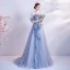Schöne Meeresblau Ballkleider 2020 A Linie Off Shoulder Kurze Ärmel Perlenstickerei Glanz Tülle Sweep / Pinsel Zug Rüschen Rückenfreies Festliche Kleider