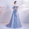 Chic / Beautiful Ocean Blue Prom Dresses 2020 A-Line / Princess Off-The-Shoulder Short Sleeve Beading Glitter Tulle Sweep Train Ruffle Backless Formal Dresses