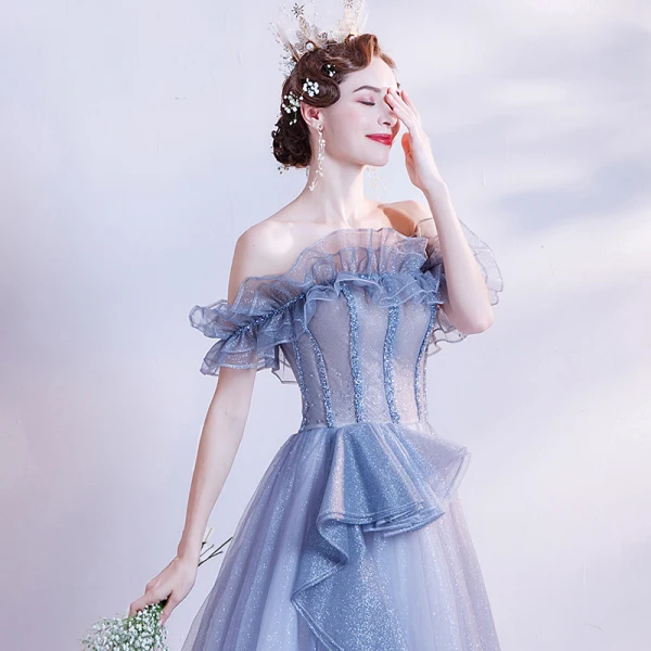 Schöne Meeresblau Ballkleider 2020 A Linie Off Shoulder Kurze Ärmel Perlenstickerei Glanz Tülle Sweep / Pinsel Zug Rüschen Rückenfreies Festliche Kleider