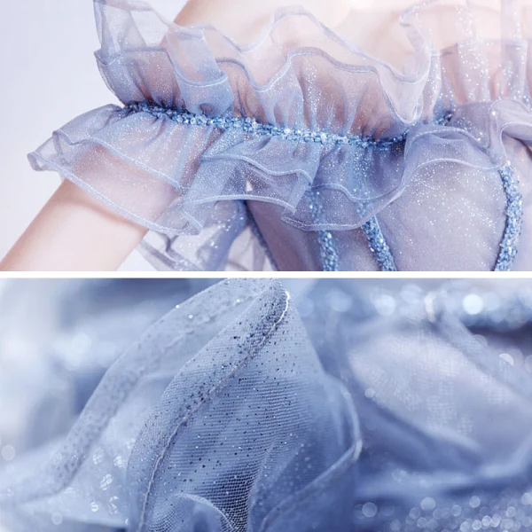 Schöne Meeresblau Ballkleider 2020 A Linie Off Shoulder Kurze Ärmel Perlenstickerei Glanz Tülle Sweep / Pinsel Zug Rüschen Rückenfreies Festliche Kleider