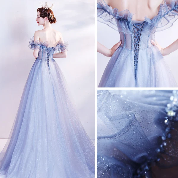 Schöne Meeresblau Ballkleider 2020 A Linie Off Shoulder Kurze Ärmel Perlenstickerei Glanz Tülle Sweep / Pinsel Zug Rüschen Rückenfreies Festliche Kleider