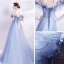 Schöne Meeresblau Ballkleider 2020 A Linie Off Shoulder Kurze Ärmel Perlenstickerei Glanz Tülle Sweep / Pinsel Zug Rüschen Rückenfreies Festliche Kleider