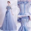 Schöne Meeresblau Ballkleider 2020 A Linie Off Shoulder Kurze Ärmel Perlenstickerei Glanz Tülle Sweep / Pinsel Zug Rüschen Rückenfreies Festliche Kleider
