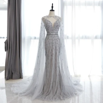 High End Grey Red Carpet Evening Dresses With Shawl 2020 Trumpet Mermaid Deep V Neck Sleeveless Beading Rhinestone Watteau Train Ruffle Backless Formal Dresses
