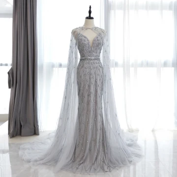 High End Grey Red Carpet Evening Dresses With Shawl 2020 Trumpet Mermaid Deep V Neck Sleeveless Beading Rhinestone Watteau Train Ruffle Backless Formal Dresses