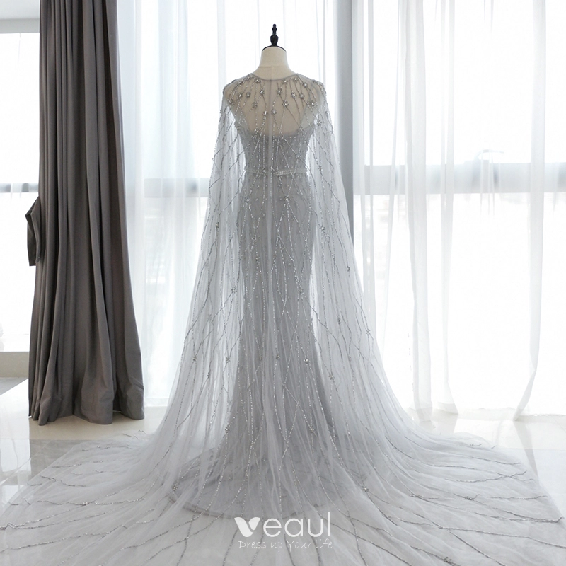 Beading Shawl Trumpet Mermaid White High Neck Tulle Prom Dress Beading Shawl Trumpet Mermaid White High Neck Tulle Prom Dress