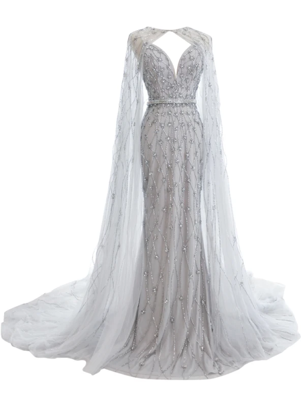 Haut de Gamme Gris Tapis rouge Robe De Soirée Avec Châle 2020 Trompette / Sirène Col v profond Sans Manches Perlage Faux Diamant Watteau Train Volants Dos Nu Robe De Ceremonie