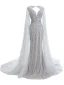 Haut de Gamme Gris Tapis rouge Robe De Soirée Avec Châle 2020 Trompette / Sirène Col v profond Sans Manches Perlage Faux Diamant Watteau Train Volants Dos Nu Robe De Ceremonie