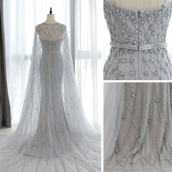 Haut de Gamme Gris Tapis rouge Robe De Soirée Avec Châle 2020 Trompette / Sirène Col v profond Sans Manches Perlage Faux Diamant Watteau Train Volants Dos Nu Robe De Ceremonie