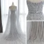 Haut de Gamme Gris Tapis rouge Robe De Soirée Avec Châle 2020 Trompette / Sirène Col v profond Sans Manches Perlage Faux Diamant Watteau Train Volants Dos Nu Robe De Ceremonie