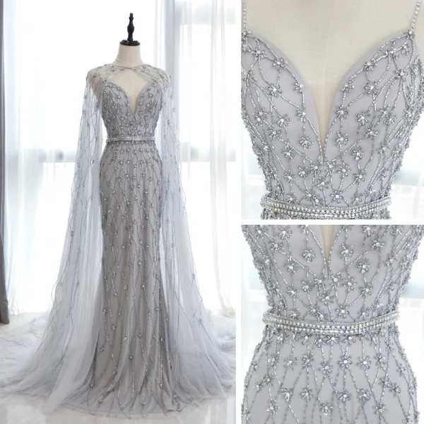 Haut de Gamme Gris Tapis rouge Robe De Soirée Avec Châle 2020 Trompette / Sirène Col v profond Sans Manches Perlage Faux Diamant Watteau Train Volants Dos Nu Robe De Ceremonie