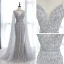 Haut de Gamme Gris Tapis rouge Robe De Soirée Avec Châle 2020 Trompette / Sirène Col v profond Sans Manches Perlage Faux Diamant Watteau Train Volants Dos Nu Robe De Ceremonie