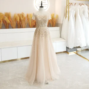 High End Champagne See Through Prom Dresses 2020 A Line Princess Scoop Neck Short Sleeve Beading Sequins Floor Length Long Ruffle Formal Dresses