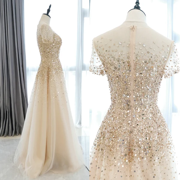 Haut de Gamme Champagne Transparentes Robe De Bal 2020 Princesse Encolure Dégagée Manches Courtes Perlage Paillettes Longue Volants Robe De Ceremonie